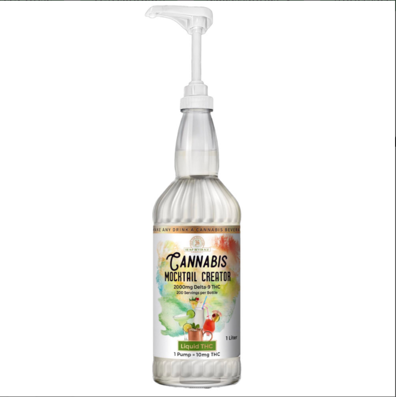 Bottle labeled 'Cannabis Mocktail Creator' with a pump on a white background